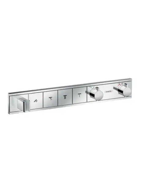 Hansgrohe Thermostat mit mehrfachen Bedienelementen in verchromtem Design, geeignet für die Steuerung von mehreren Verbrauchern und mit integriertem Brausehalter.